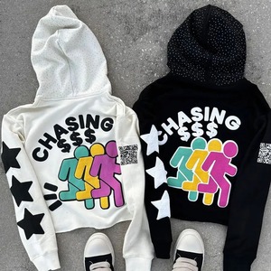 Sweats à capuche courts personnalisés en éponge française pull à imprimé bouffant lavage à l'acide strass bases coton mélangé - Product Image 2