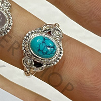 Bagues de mariage en argent sterling 925 avec pierres précieuses naturelles turquoise antique de forme ovale et pierre de lune arc-en-ciel, design naturel