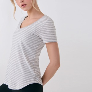 Camiseta de Verano Casual para Mujer, Cuello en V, Tejido Elástico, Corte Regular, Diseño a Rayas con Bloques de Color, Transpirable, Ecológica y Bonita - Product Image 2