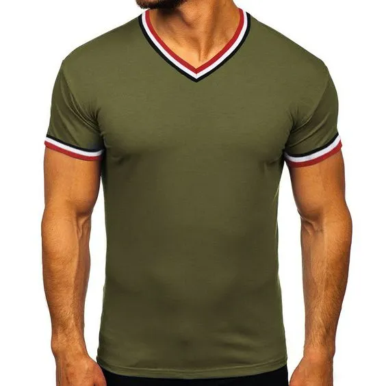 Kaus Gym pas badan kustom pria harga rendah kaos hijau zaitun cepat kering Activewear kontras olahraga garis leher V