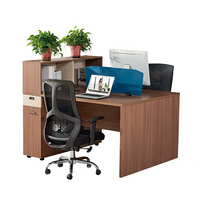 Poste de travail moderne en noyer pour 2 personnes avec armoire de rangement, écran d'intimité bleu, bureau d'ordinateur minimaliste en bois, table de personnel SYH01-12