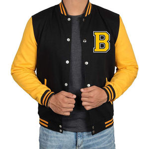 Chaqueta Urbana para Hombre Estilo Universitario Negra y Amarilla con Parche de Letra B, Mangas en Contraste, Ribete Acanalado y Botones a Presión - Product Image 1
