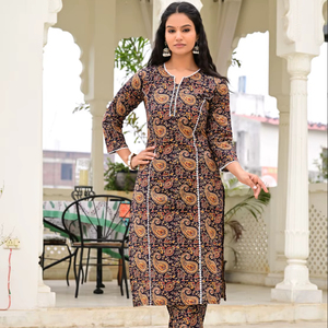 Salwar Kameez long en coton à imprimé floral noir pour femmes, kurta droit avec pantalon, fête, été - Product Image 1