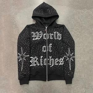 Men's Heavyweight Cotton French Terry <b>Hoodie</b> with Customizable <b>Oversized</b> Design and Rhinestone Zip Embroidery for Spring - Product Image 1