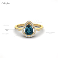 Fabricants asiatiques, bague halo en diamant certifiée IGI de 1 mm avec topaze bleue de Londres en forme de larme de 8 x 6 mm en or massif 14 carats, bijoux de mariage