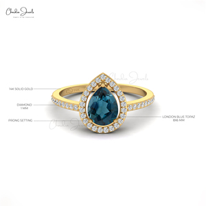 Fabricants asiatiques, bague halo en diamant certifiée IGI de 1 mm avec topaze bleue de Londres en forme de larme de 8 x 6 mm en or massif 14 carats, bijoux de mariage - Product Image 4