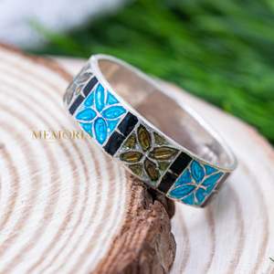 Magnifique bague en cloisonné, bague en émail floral coloré, filigrane, bijoux bohèmes, bijoux en argent sterling 925 - Product Image 1