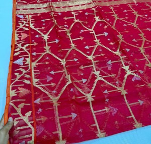 Hot Exclusive Read Deshi Dhakai Jamdani Sharee Tendance pour les femmes JAMDANI TISSU Bleu ROUGE VERT Doré Bleu Ciel Du Bangladesh. - Product Image 1