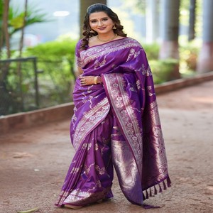 Sari en soie douce Banarasi de qualité supérieure VASTRA COTTAGE, tissage argenté Zari Jaal, pallu riche tissé, tenue de fête avec un chemisier uni - Product Image 2