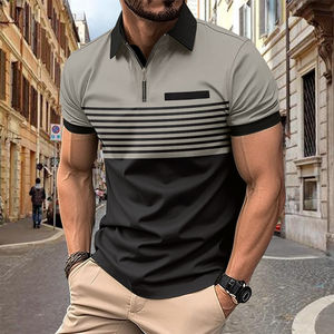 Haute qualité personnalisé Polo revers fermeture éclair affaires T-shirt hauts hommes à manches courtes rayé mince chemise Golf équipe travail Polo Jersey - Product Image 5