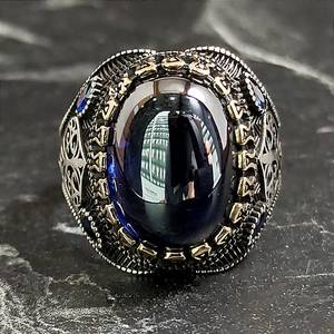 Men's Silver Yggdrasil Patterned <b>Ring</b> with Oval Dark Blue Sapphire Gemstone Handmade Tree Life Themed <b>Ring</b> <b>Opal</b> As Main Stones - Product Image 2