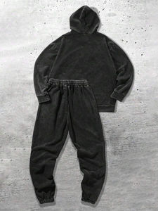 Vente en gros de survêtement vierge délavé à l'acide ensemble sweat à capuche et pantalon de survêtement vintage personnalisés et lourds pour hommes - Product Image 2