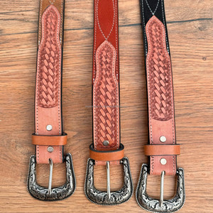 Ceinture en cuir suédé véritable usinée à la main avec point de botte Western Basket Weaves Ceintures de cowboy et de cowgirl en cuir de vachette faites à la main - Product Image 3