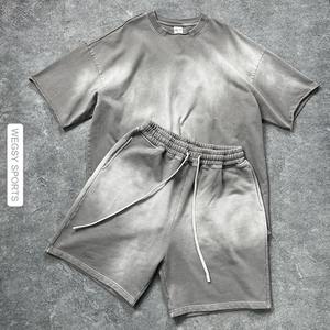 Shorts en coton épais délavé à l'acide pour homme, style été 2025, effet délavé au soleil, avec cordon de serrage et motif uni - Product Image 3