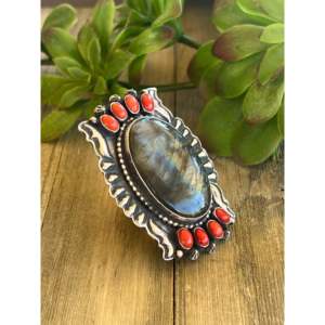 Shawn Cayatineto Vintage <b>Statement</b> <b>Ring</b> Sterling Silver Gemstone <b>Ring</b> with Coral Bezel Setting Size 7 Everyday Wear - Product Image 3