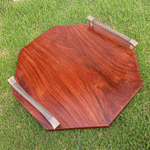 Juego de 3 bandejas tradicionales talladas en madera de sheesham 100% pura con asas metálicas, artesanía en madera de Pakistán - Product Image 6