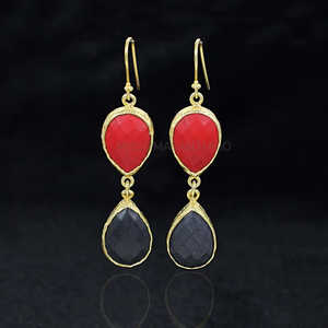 ต่างหูพลอยปะการังแดงสีดำโอนิกซ์ชุบทอง - Product Image 5