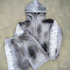 OEM ODM Custom Above Knee <b>Shorts</b> Sets with <b>Zip</b> up Embroidered Hoodie Vintage Acid Washing Printed Tracksuits Zipper Hoodies Sets - Product Image 1