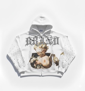 100% Cotton Custom Rhinestone Zip Fleece Men's Heavyweight Oversized Blue Full Zip Breathable Sweatshirt Wholesale Manufacturer - Product Image 6