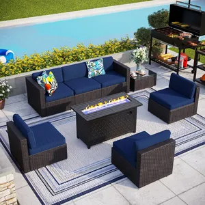 Benutzer definierte elegante 8 PCS Wicker Patio Conversation Sofa Set Gartenmöbel Set im Freien mit Feuerstelle Tisch
