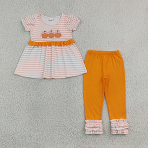 Robe rayée à volants pour filles avec applique citrouille, sans manches, en Spandex/Polyester, ensemble décontracté écologique, pantalon orange, rose, blanc - Product Image 2