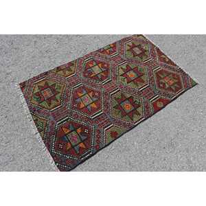 Tapis turc vintage, tapis Kilim 2,7x4,6 pieds, tapis en laine rouge et vert uni - Product Image 2