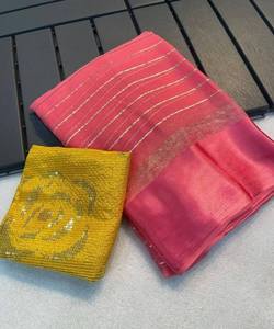 Rich Look Net Chiffon Sarees: Adornarse con bordado de piedra Trabajo a mano Ruffle Tussle Sarees - Product Image 5