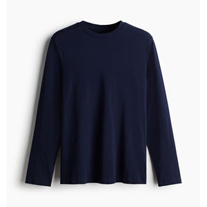 Couleur bleu marine de qualité supérieure Conception de logo personnalisé Tissu en jersey de coton imprimé T-shirt à manches longues et col côtelé pour hommes - Product Image 1