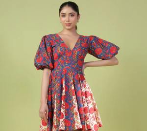 ชุดเดรสผ้าฝ้ายสไตล์อินเดียเดรสสั้นพิมพ์ลายดอกไม้ชุดเดรสสั้นสำหรับฤดูร้อนของขวัญงานแฮนด์เมดมีสไตล์สำหรับเธอ - Product Image 3