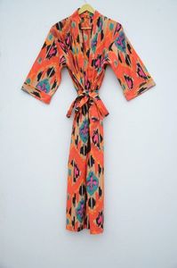 Unisex hecho a mano naranja Ikat estampado lujo 100% algodón Albornoz suave indio casa abrigo ropa de dormir mujeres hombres Spa verano otoño - Product Image 5