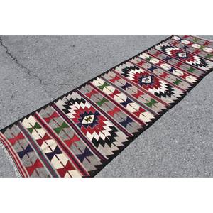 Alfombra Turca Vintage de Lana Ecológica de Pelo Medio, Roja y Blanca, Estilo Tradicional, Gran Tamaño 3 x 10.2 pies, Diseño de Patchwork, Látex - Product Image 4