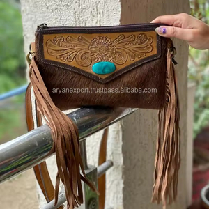 Nuevo bolso cruzado con flecos de cuero con pelo Real en la mano, bolso de mano de piedra turquesa bohemio occidental, bolso de mano de cuero genuino para mujer - Product Image 2