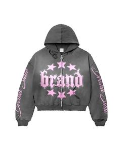 Custom Vintage Zipper Embroidered Rhinestone Streetwear Silk Screen Printing Acid Wash Oversized 100% Cotton Winter High Quality - Product Image 5