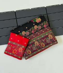 Pashmina Rajwadi en soie, tissage jacquard Meenakari, broderie positionnée, bordure florale tissée, avec pallu riche et blouse assortie - Product Image 3