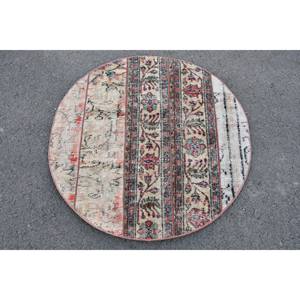 พรมสีเบจสไตล์ตุรกีโบราณขนสัตว์แฮนด์เมดขนาด3.1x3.1ฟุตมีแผ่นรองทำจากยางลายเย็บปะสี่เหลี่ยมผืนผ้าสำหรับข้างเตียง - Product Image 1