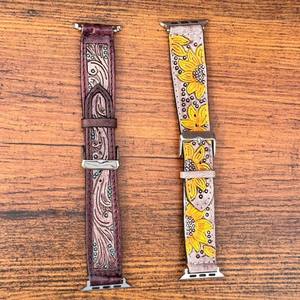 New Real Handmade Genuine Leather Custom Design Western Floral <b>Tooled</b> Painted <b>Watch</b> Bands Boho Western Replacement <b>Watch</b> <b>Straps</b> - Product Image 2