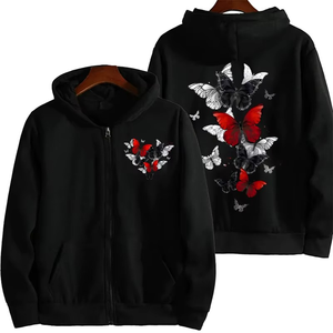 Drop Shoulder Mujer Cremallera Sudadera con capucha Sudaderas Mariposas Gráfico Ropa Flor Anime Estética Zip Up Ropa deportiva - Product Image 1
