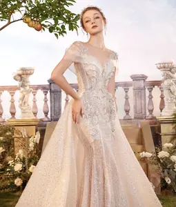 OEM üretimi yüksek kalite düğün elbisesi toptan mermaid elbise 2 in 1 dantel uzun kuyruk el yapımı TNBPno19 tarafından boncuk ekleyin