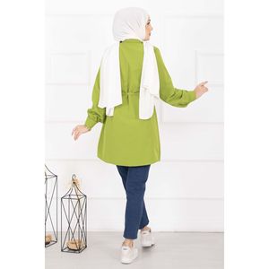 Camisa Hijab Verde Oliva de Longitud Completa con Botones Ocultos y Detalle de Pliegues, Blusa Modesta - Product Image 5
