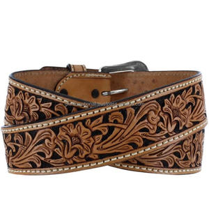 Ceinture en cuir de vachette sculpté à la main dans les deux tons, couture complète, motif floral, durable et boucle en laiton, 1 pièce - Product Image 6