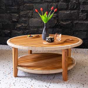 Xiorese Adjustable Height Modern Round Teak Wood <b>Coffee</b> <b>Table</b> with Rope Wrapping for Outdoor Patio <b>Garden</b> Living Room Furniture - Product Image 1