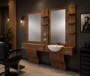 Station de coiffure et de maquillage réglable en bois durable et écologique avec miroir sur pied, tiroir et évier – Mobilier moderne pour usage hôtelier - Product Image 3