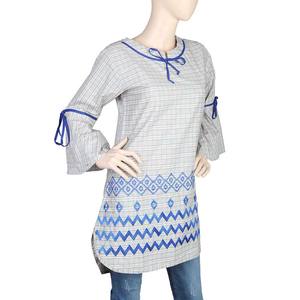 Women's Embroidered Checkered <b>Kurti</b> - Beige - Product Image 1