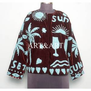 Handmade Multicolor Suzani Embroidered <b>Velvet</b> Quilted <b>Jacket</b> <b>Women's</b> Breathable Floral Design Eco-Friendly Quick Dry Cotton - Product Image 1