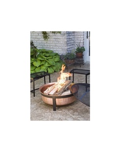 Outdoor round copper fire pit for backyard patio heating with sturdy metal base and <b>spark</b> screen cover - Product Image 3