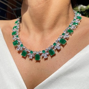 Luxury Emerald Green Onyx Necklace Statement CZ Indian Bridal Jewelry Designer Cubic Zirconia Wedding Gift White Rhodium Plated - Product Image 5