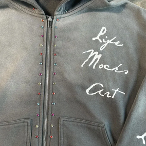 100% Cotton Heavyweight Screen Print Hoodie Winter Streetwear Zip Hoodie with Rhinestone Custom Hooded Sweatshirt Solid Pattern - Product Image 3