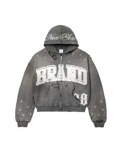 Custom Vintage Zipper Embroidered Rhinestone Streetwear Silk Screen Printing Acid Wash Oversized Winter 100% Cotton <b>Men</b> <b>Hoodies</b> - Product Image 4