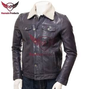 Chaqueta de camionero de cuero azul marino con estilo clásico para hombre, ropa de abrigo personalizable para invierno de alta calidad - Product Image 2