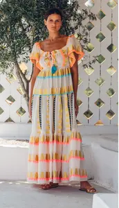 แฟชั่นฤดูร้อนเหนือกาลเวลาสำหรับผู้หญิง ชุดเดรสยาว คอเหลี่ยม แขนสั้น เหมาะสำหรับใส่ไปรีสอร์ท งานปาร์ตี้ ชุดเดรสทอมือสไตล์อินเดีย ลายทอแบบวี - Product Image 3